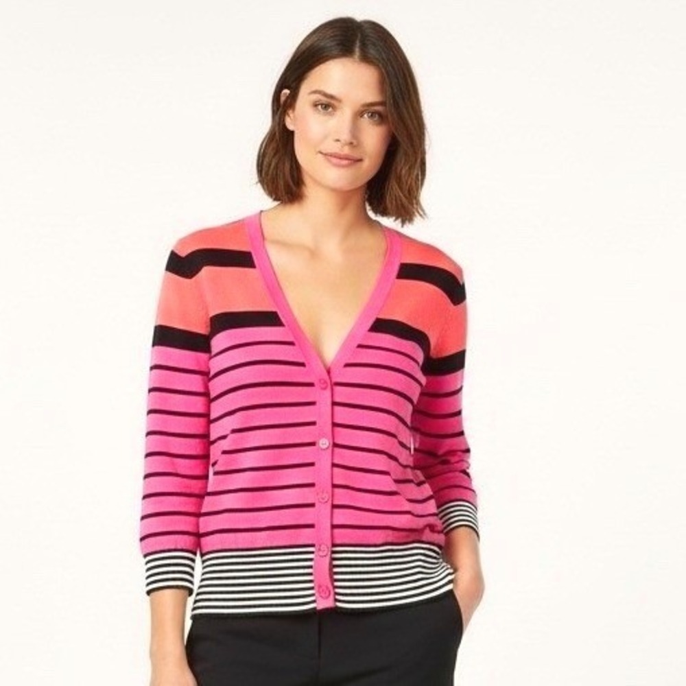 Loft Petites Womens Striped V-Neck Cardigan Size LP Pink Orange Black Preppy